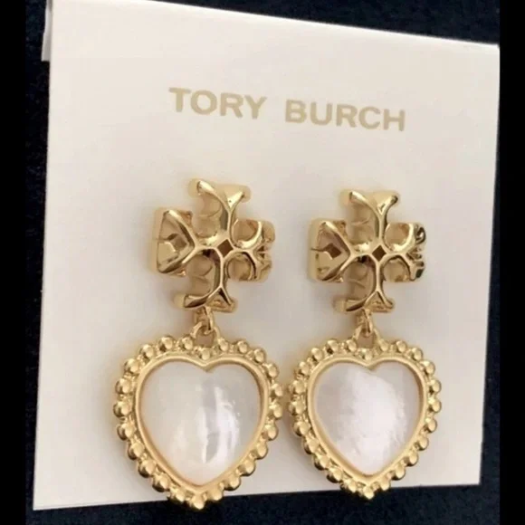 Tory Burch Gold Heart Drop Earrings with White Inlay - Picture 7 of 7